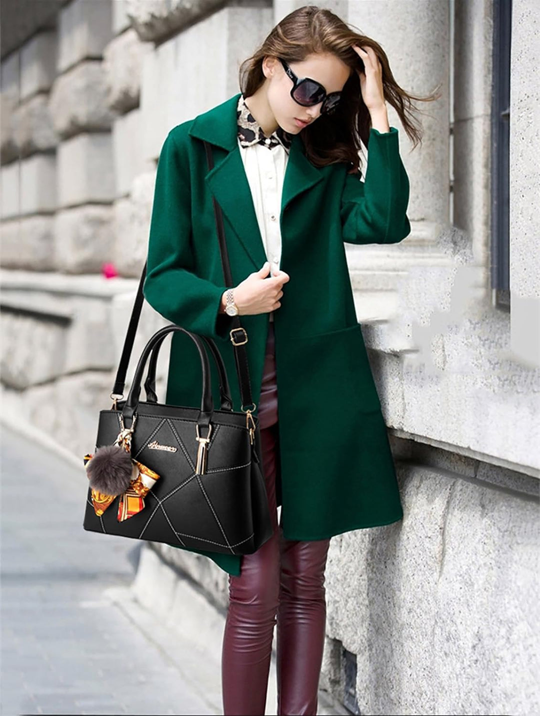 NICOLE&DORIS Modische Damen Handtasche aus Kunstleder Schwarz, Schwarz