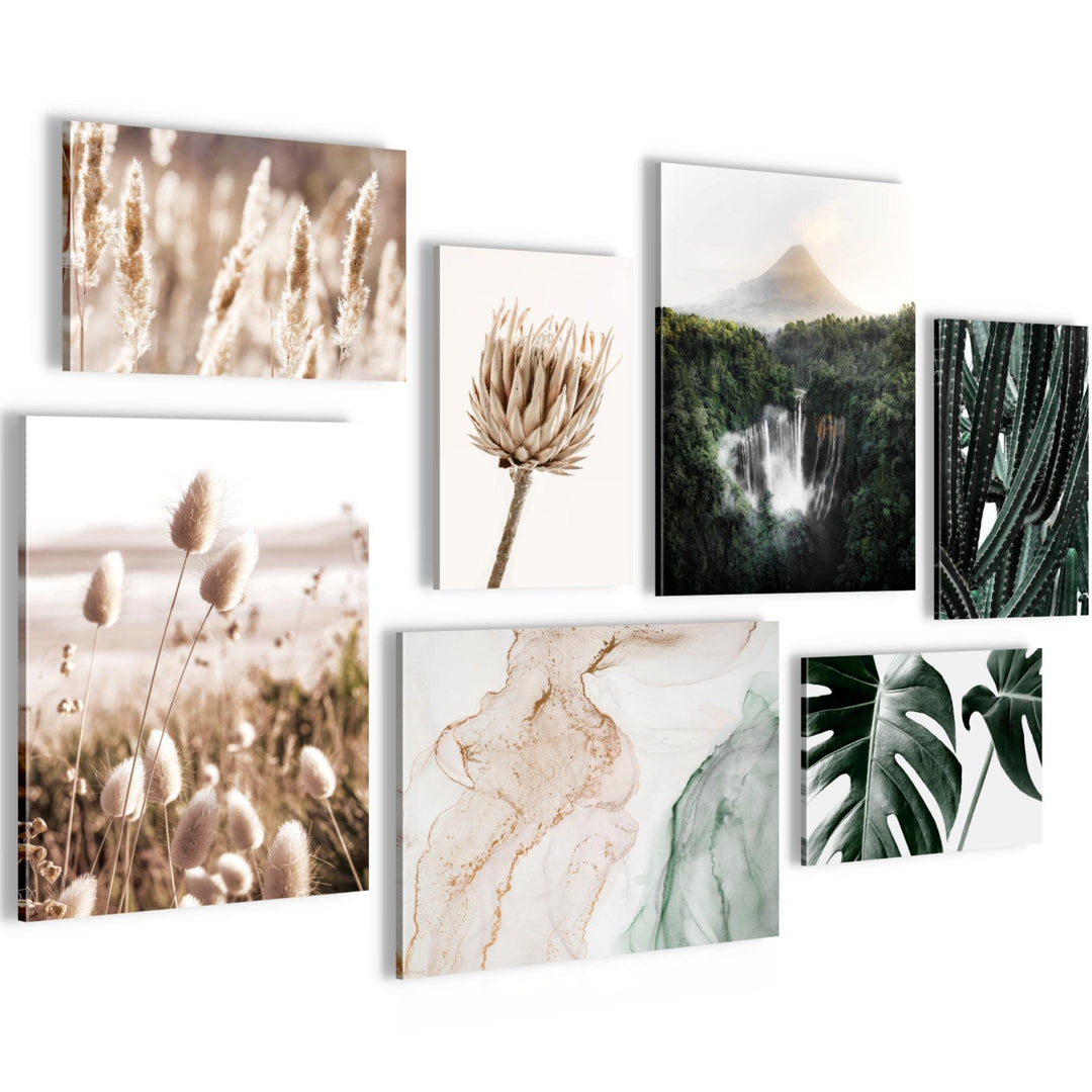 Novart Wandbilder Boho Natur - KOMPLETT AUFHÄNGFERTIG - Beige Grün Wohnzimmer Schlafzimmer- 7 Modern
