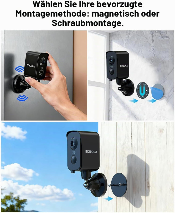 Ediloca Magnetische Sicherheitskameras, kabellos, für den Aussenbereich, 2K, schwenkbar, 300°, batte
