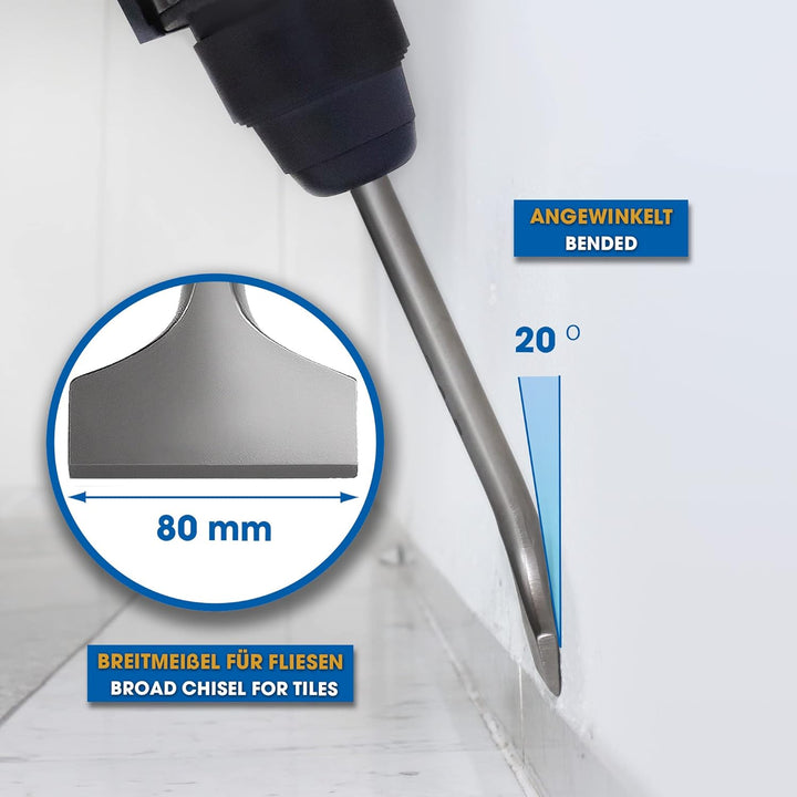 S&amp;R Hochleistungs-Fliesenmeissel SDS-MAX-Schaft 300x80mm abgewinkelt, Industrie-Qualität Made in Ger