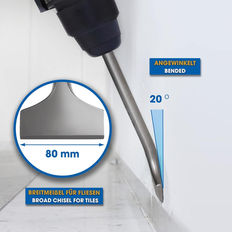 S&R Hochleistungs-Fliesenmeissel SDS-MAX-Schaft 300x80mm abgewinkelt, Industrie-Qualität Made in Ger