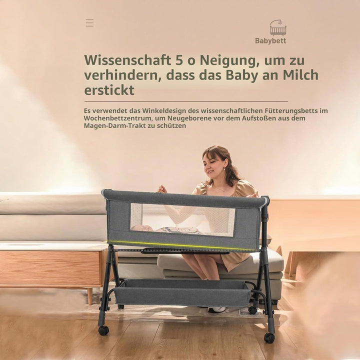 Beistellbett Baby, Stubenwagen Baby mit Rollen Liefert mit einem grossen Aufbewahrungskorb und Winde