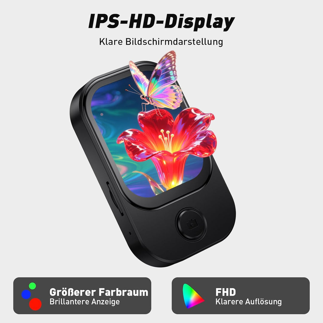 64GB MP3 Player Bluetooth mit 180° Aufklappbar Kamera, Mini Musik Player HD Lautsprecher FM Radio Fo