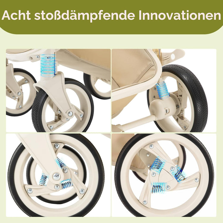 Gcarebb PU Leder 3 in 1 Kinderwagen, Buggy Mit Auto Babyschale, Mit Einem Klick Zusammenklappbarer T