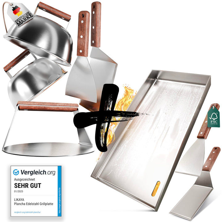 [BUNDLE] Plancha Edelstahl Grillplatte [20x40cm] + Burger Master Set – 4x Grillspachtel, 2x Burgergl