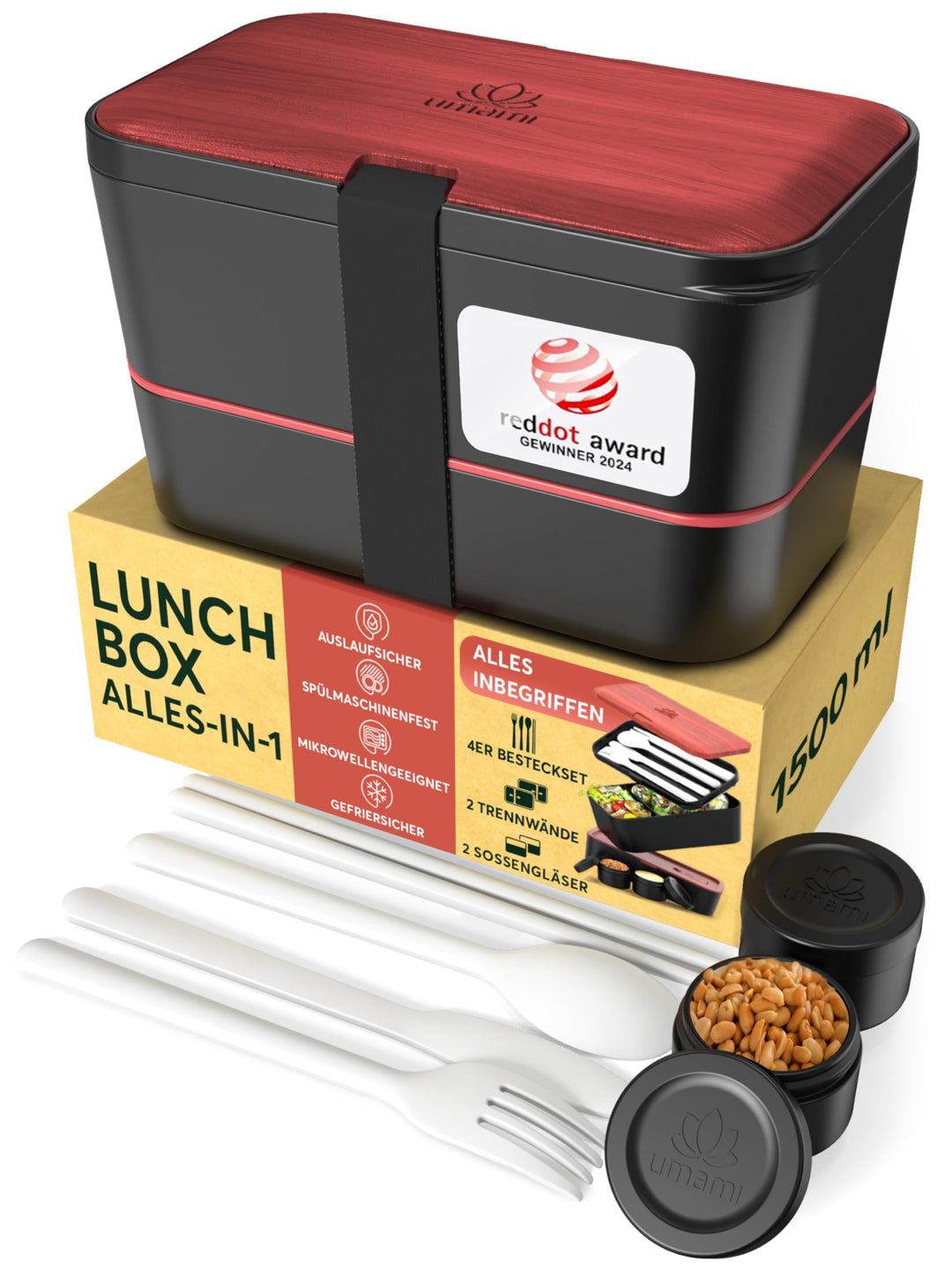 Umami Premium Lunchbox Erwachsene, Verschachtelbar Auslaufsichere Bento Box mit 4 Bestecke & Fächern