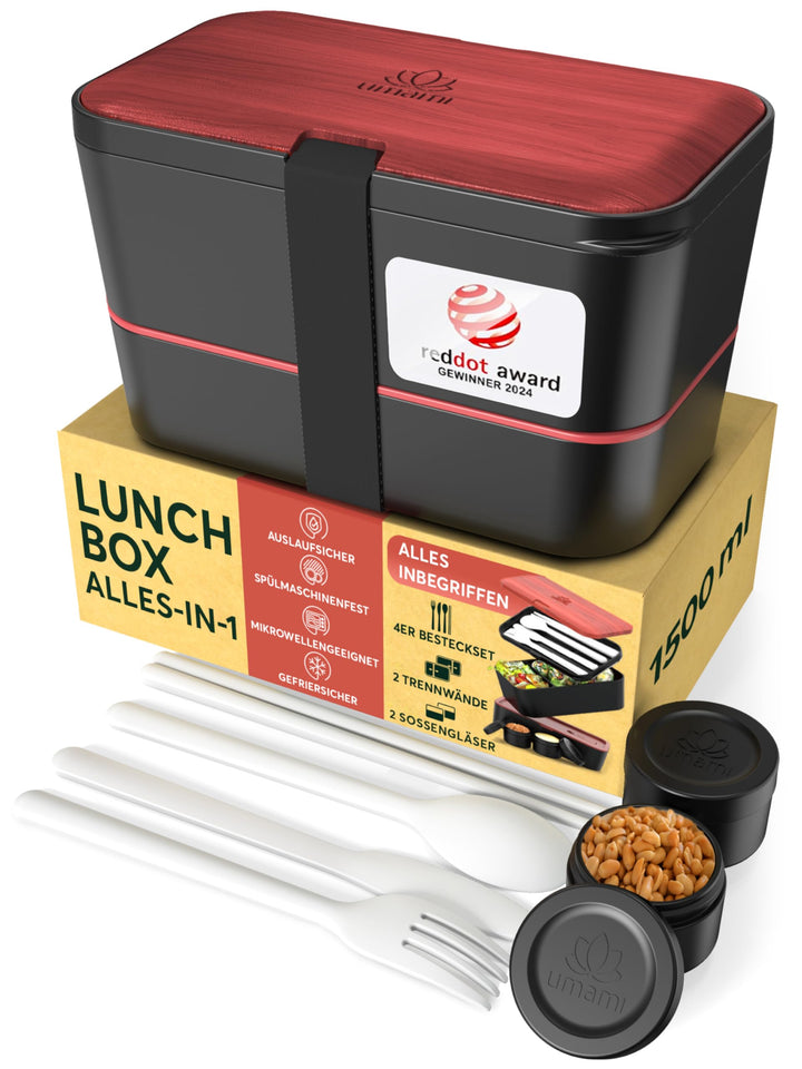 Umami Premium Lunchbox Erwachsene, Verschachtelbar Auslaufsichere Bento Box mit 4 Bestecke & Fächern