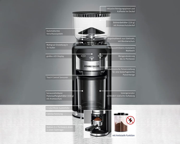 ROMMELSBACHER Kaffeemühle EKM 400 - Kegelmahlwerk, Antistatik-Funktion, 12 Portionen, Halterung für