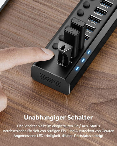 RSHTECH USB Hub Aktiv 3.0 mit 36W (12V / 3A) Netzteil, Aluminium 10 Ports Hub zum Laden und zur Date