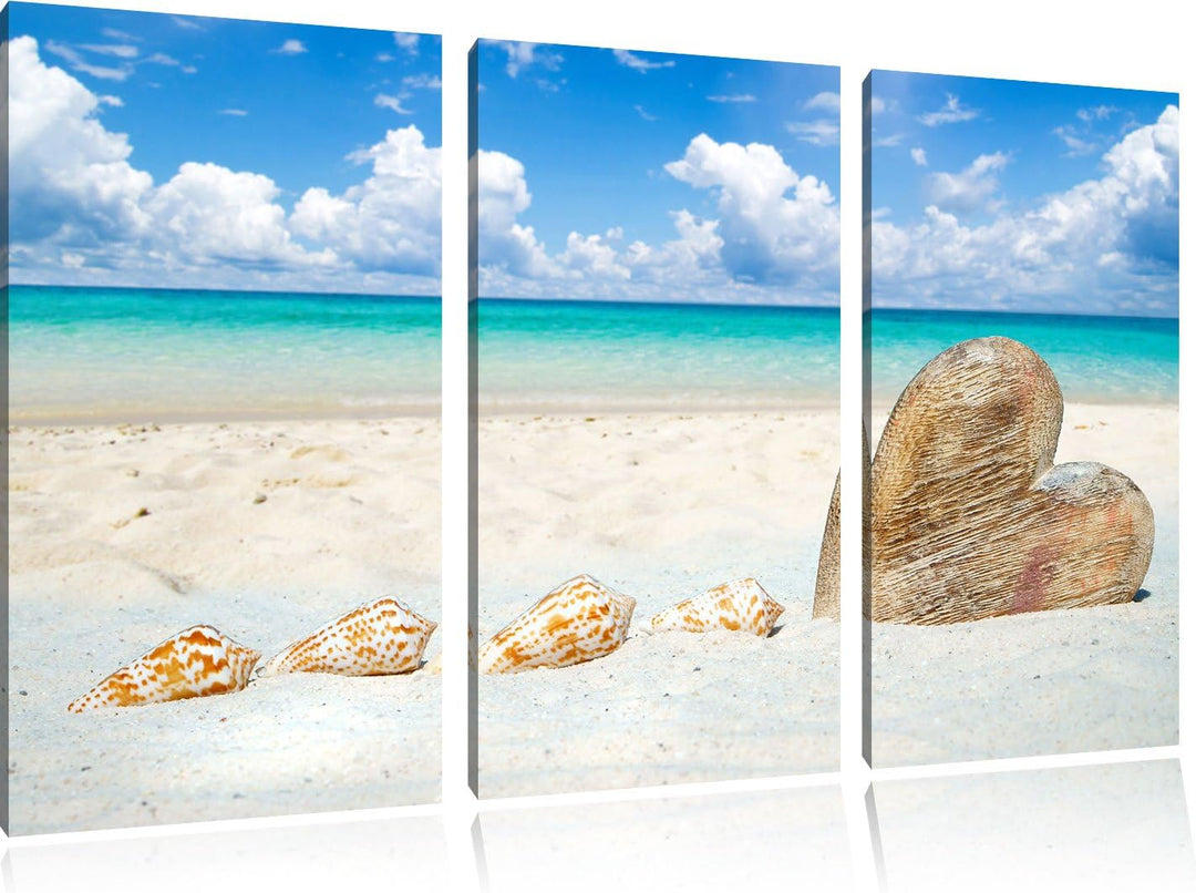 Pixxprint Weisser Sandstrand mit Muscheln 3-Teiler Leinwandbild 120x80 Bild auf Leinwand