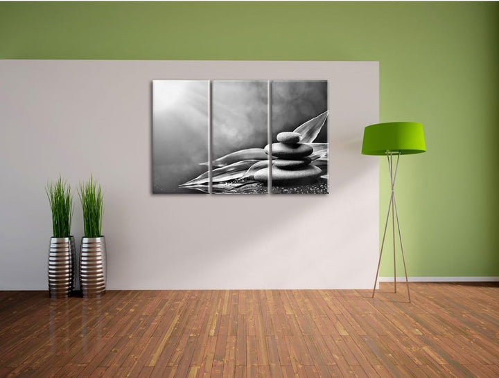 Pixxprint Zen Steine mit Blättern als Leinwandbild/Grösse: 3 Teilig (120x80) cm/Wandbild/Kunstdruck/