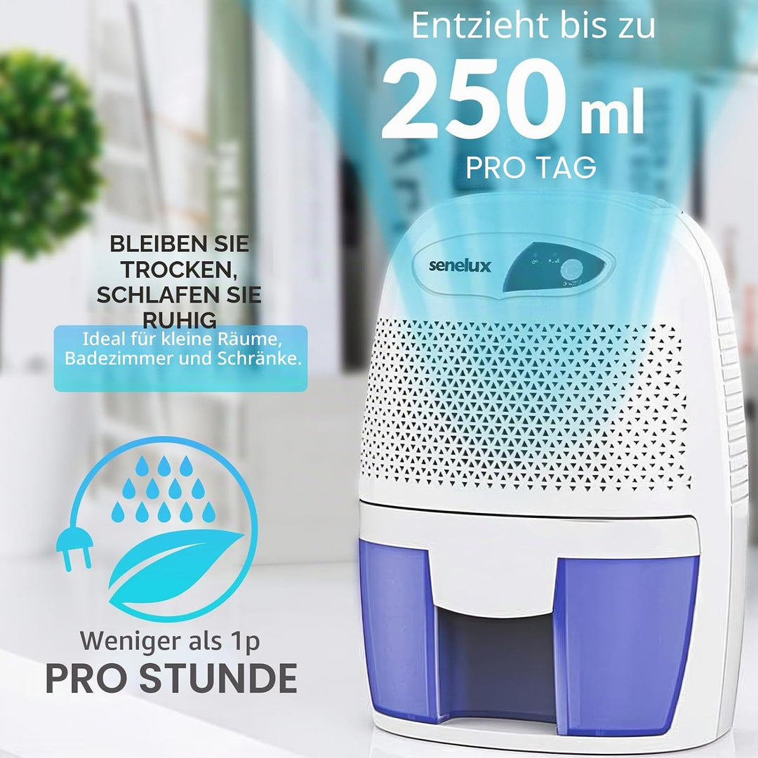 Senelux Leistungsstarker Mini-Luftentfeuchter, 500 ml, tragbar, leise, kleiner Luftentfeuchter, effi