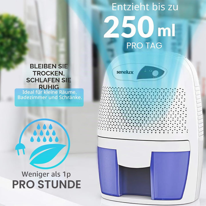 Senelux Leistungsstarker Mini-Luftentfeuchter, 500 ml, tragbar, leise, kleiner Luftentfeuchter, effi