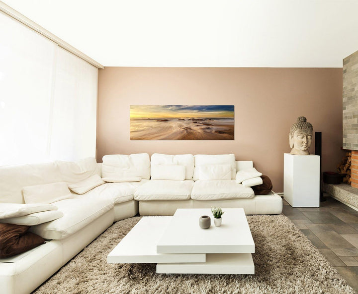 Paul Sinus Art Panoramabild auf Leinwand und Keilrahmen 150x50cm Strand Meer Wolkenschleier Morgendä