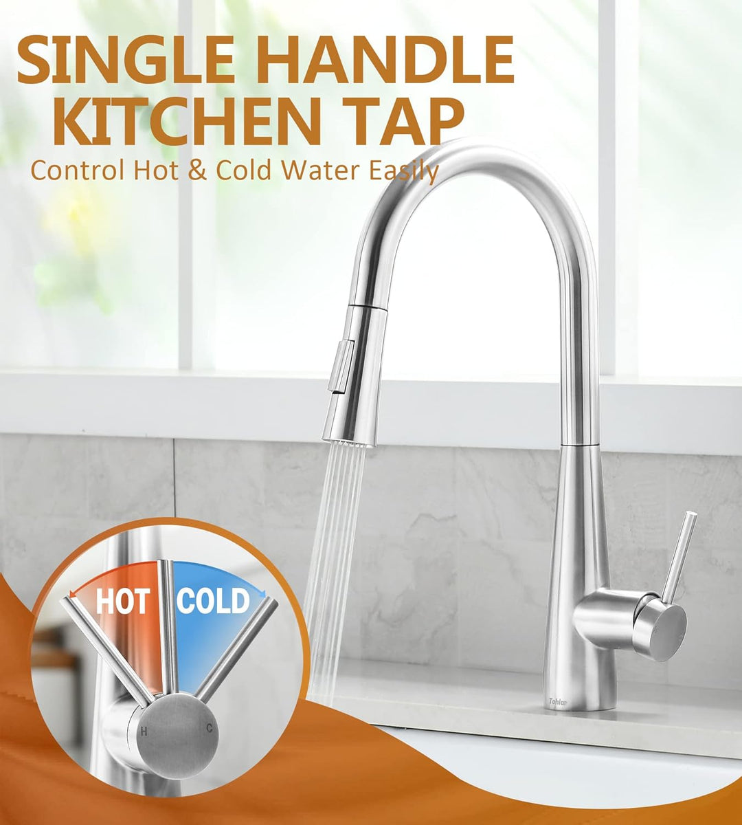 Tohlar Wasserhahn Küche Ausziehbar, Einhand Küchenarmatur Edelstahl Hochdruck Spültischarmatur 360°