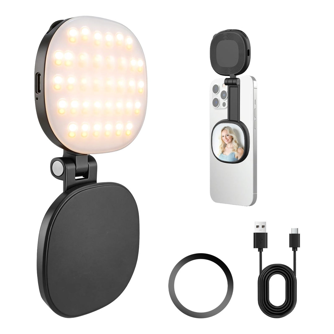 Magnetisches Selfie Licht mit Spiegel, Handy Licht 900mAh, 360° LED Ring Fülllicht kompatibel mit iP