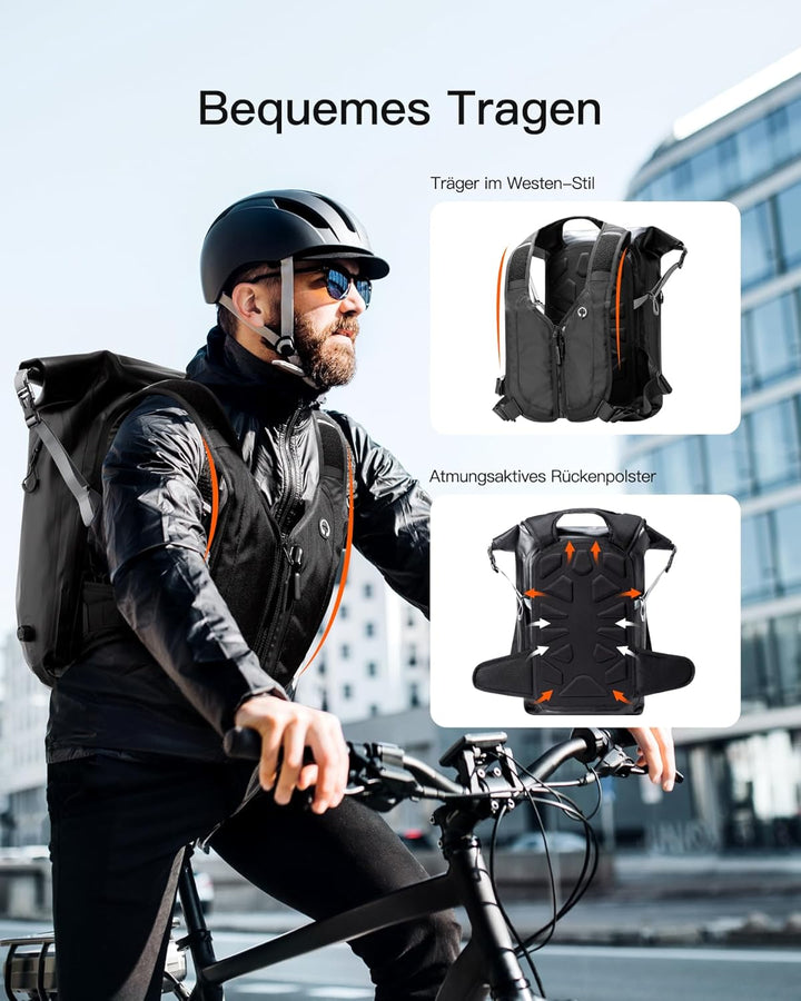 Inateck Fahrradrucksack 25-30L, Wasserdichter Rolltop Rucksack Herren, Multifunktionaler Wanderrucks