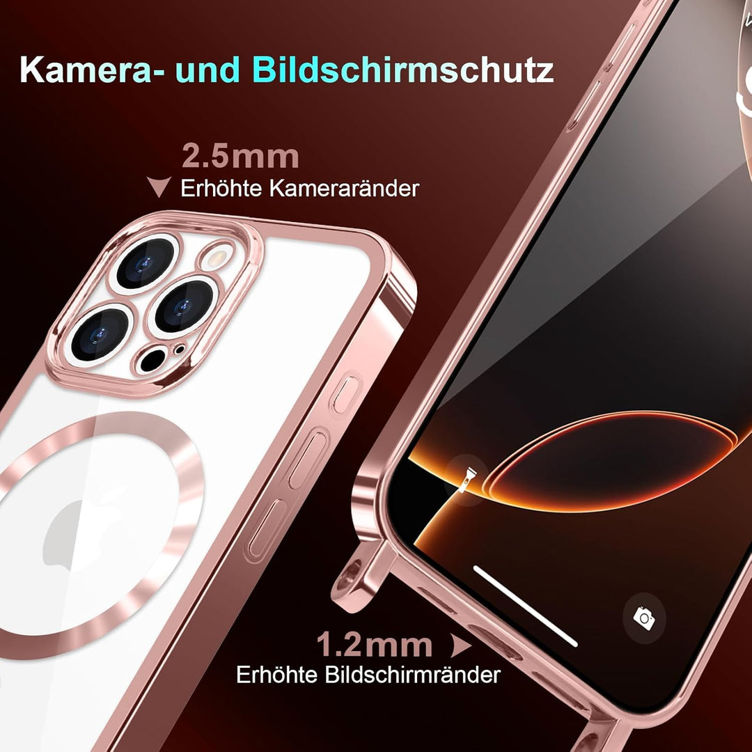 Handyband für iPhone 16 Pro Max Hülle mit Band + 2 Stück Glas Schutzfolie Transparent Silikon Handyh