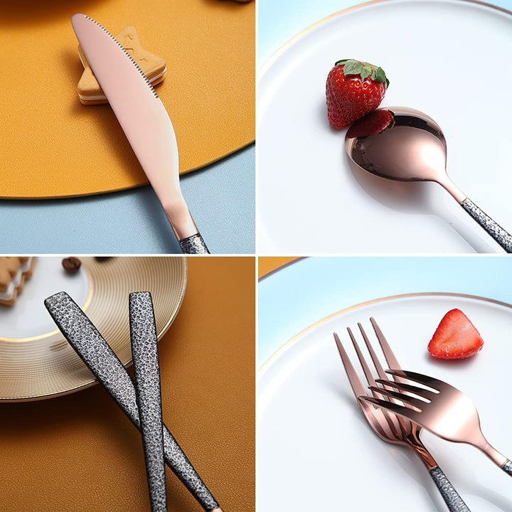 Besteck Set 24 Stück Roségold Kopfbeschichtung mit Schwarzem Marsgriff, Edelstahl Kupfer Titanbeschi