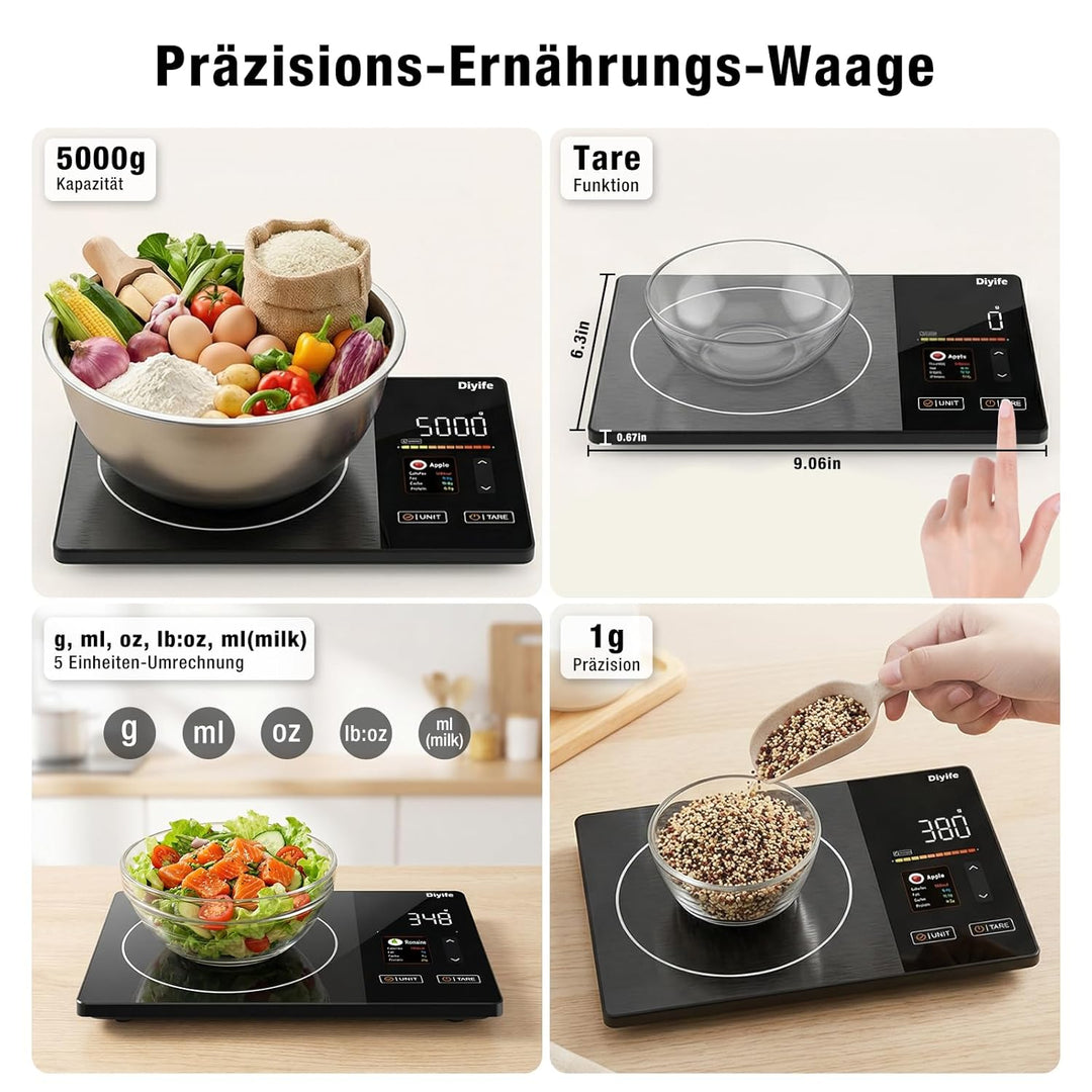 Diyife Smart Küchenwaage mit Kalorienzähler, Farbigem TFT-Display Lebensmittelwaage, APP-Kompatibel