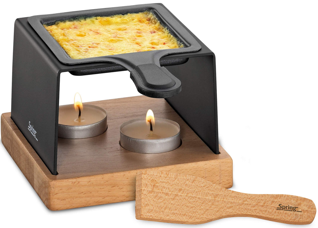 Spring GOURMET PARTY, Teelicht Raclette 1 Person, Käse Raclette Grill, Bodenplatte aus Buchenholz, 1