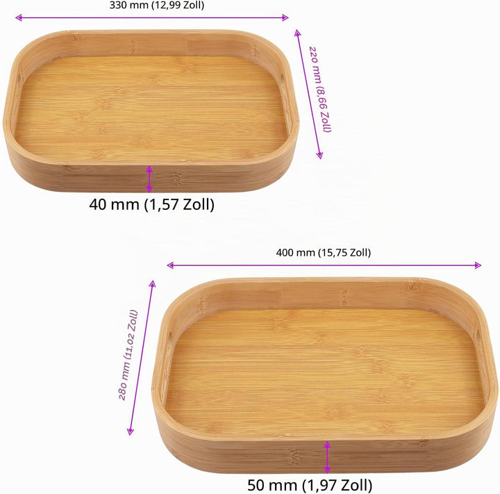 FUNSUEI 3er Set Bambus Serviertablett, Tablett Serviertablett Holz mit Griffen, 2 Grössen Rechteckig