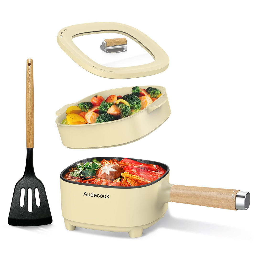 Audecook Elektrischer Hot Pot mit Dampfgarer, 2L/20cm Antihaft Elektropfanne mit Keramikglasur, Trag
