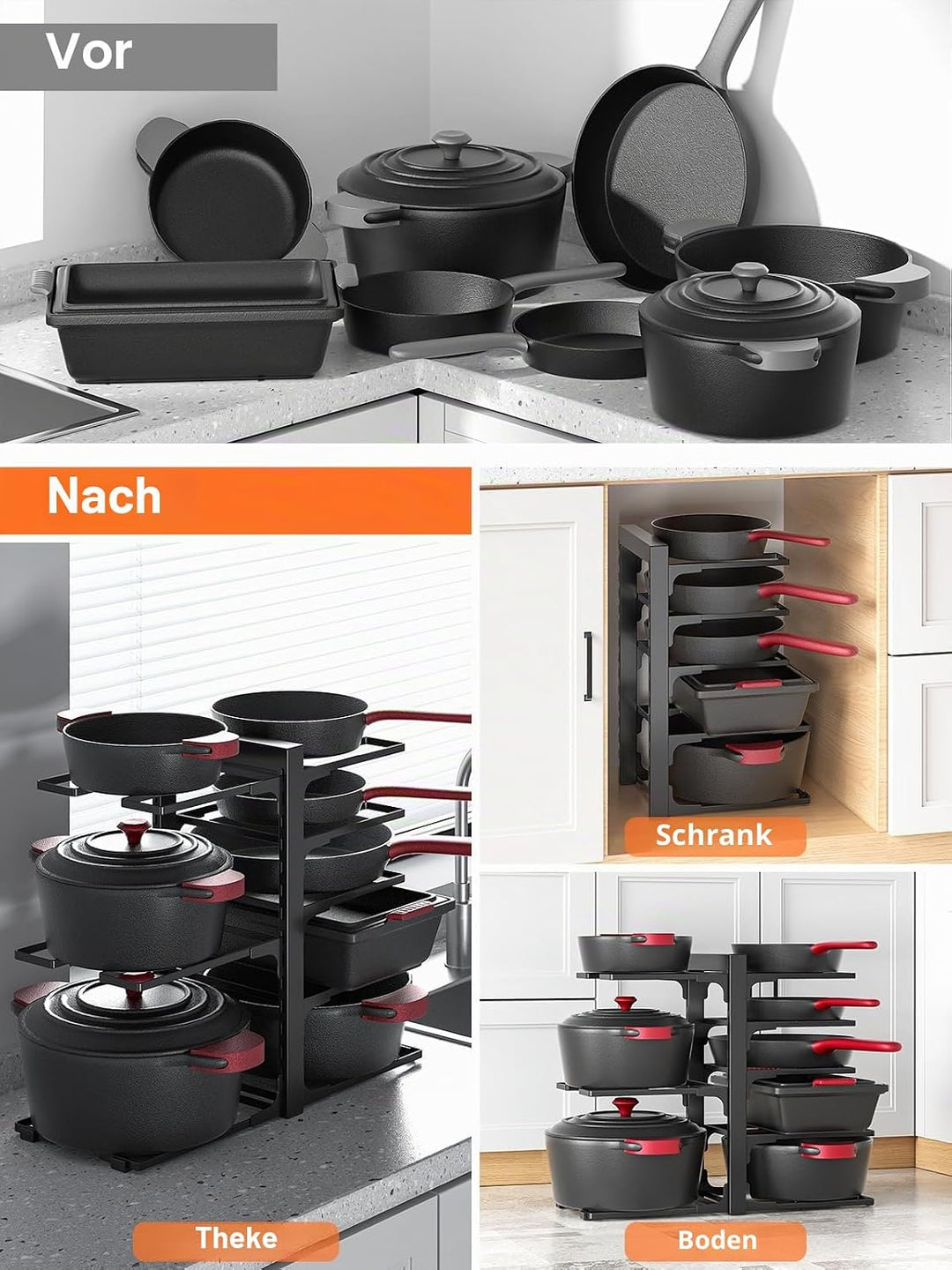 MUDEELA Topf- und Pfannen-Organizer – 8-fach verstellbar (Höhe 40 cm), robust & schwarz | Profession