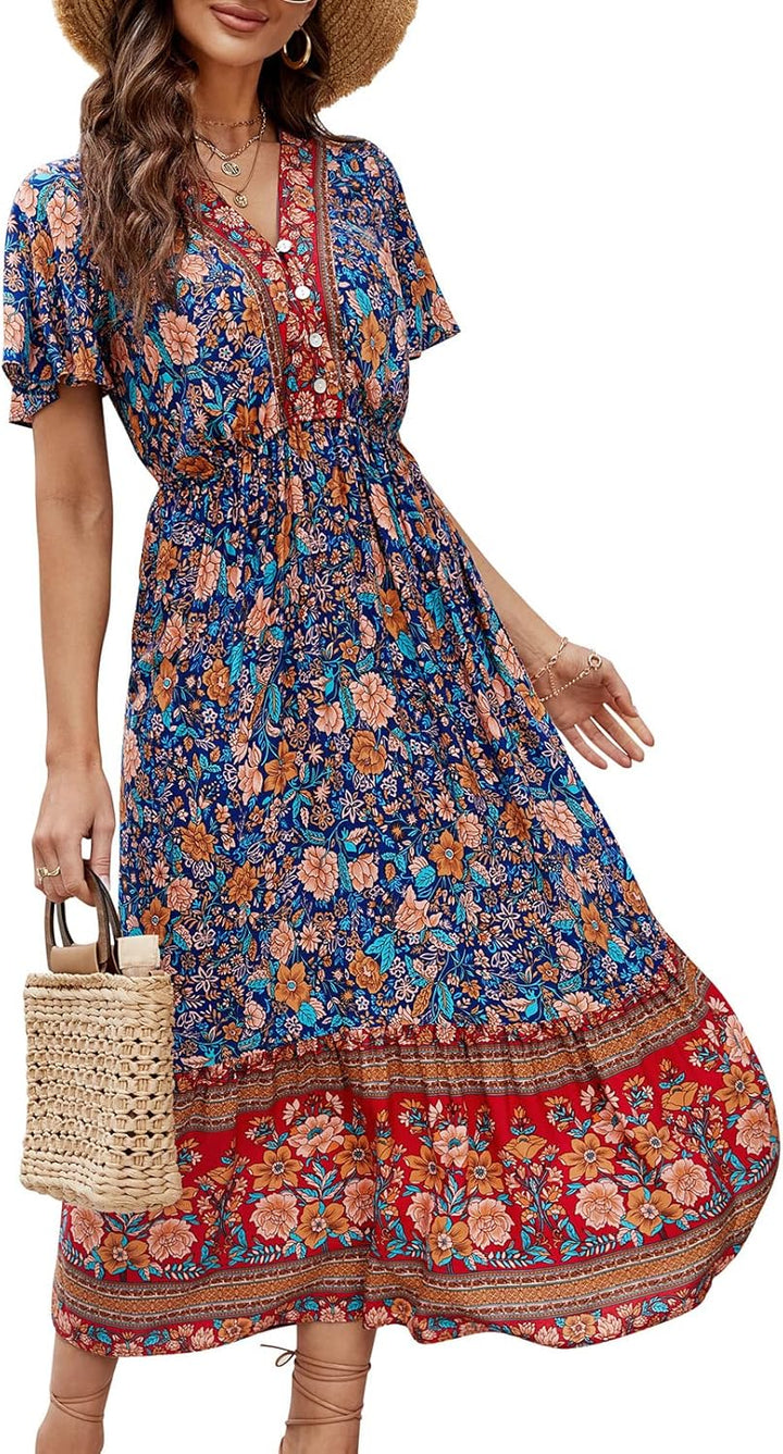 Clearlove Damen Sommerkleid Boho Kurzarm Midi Kleider V-Ausschnitt Strandkleid lang Blumenkleid Rüsc
