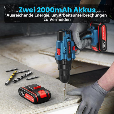 Akkuschrauber, 20V Set mit 2 Akkus und 87 Zubehöre Werkzeugkoffer, Akkubohrer 42Nm Max Drehmoment, 2