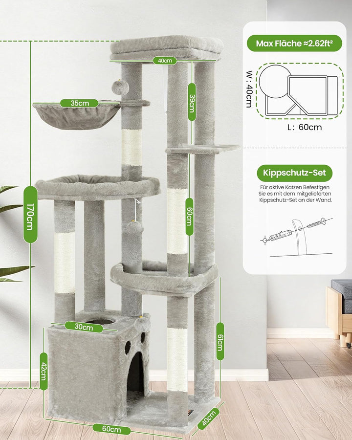 Kratzbaum Gross, Kratzbaum Grosse Katzen Stabil 170 cm hoch - Katzenbaum XL, Mehrstöckiger Katzenbau