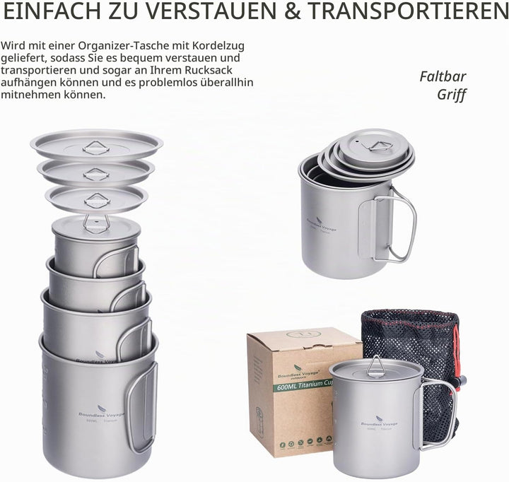 iBasingo 600ml Camping Becher Outdoor Tasse Titan Trinkbecher Mug mit Deckel &amp; Klappgriff Ultraleich