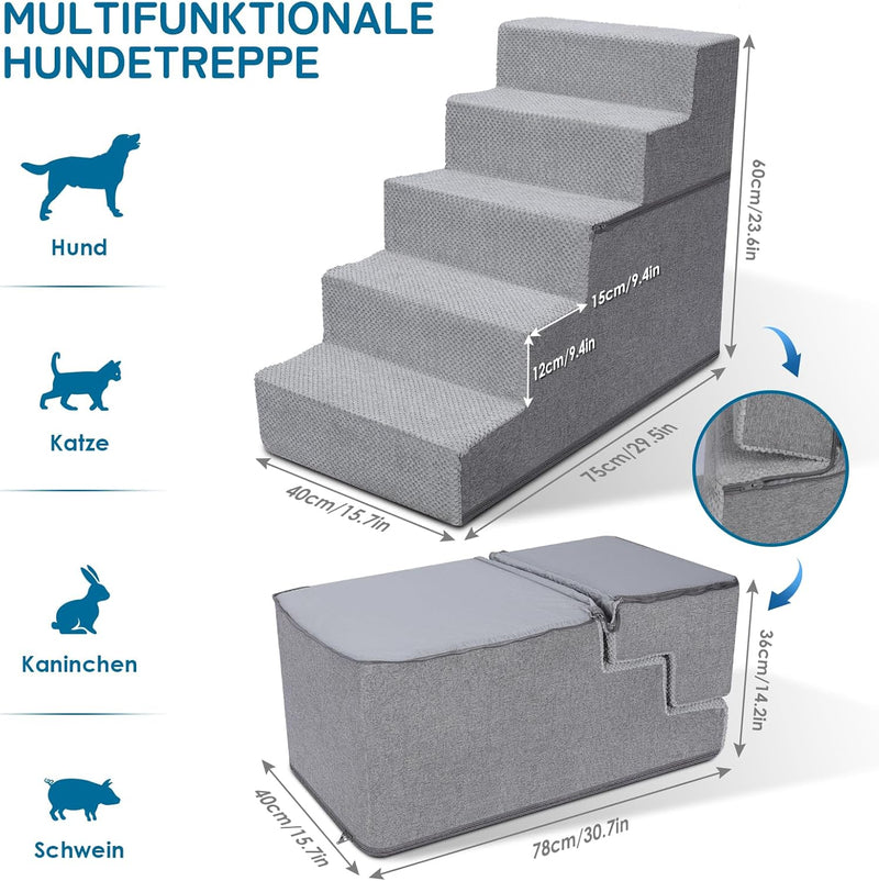 Myiosus Hundetreppe, Hundetreppe 5 Stufen, rutschfeste Hundetreppe für Kleine Hunde, Waschbar Hausti