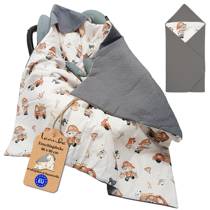 Baby Einschlagdecke Doppelseitig 86x86 cm Baumwolle-Wafellstoff für Kinderwagen und Babybett (Grau W