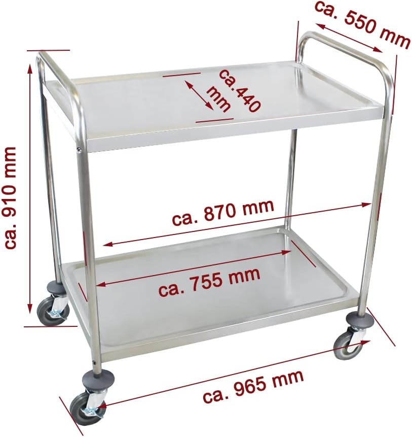 Beeketal 'BSW-2' Edelstahl Servierwagen Transportwagen mit 2 Böden und Rundrohrgestell (belastbar bi