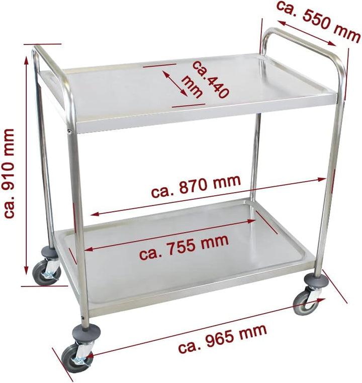 Beeketal 'BSW-2' Edelstahl Servierwagen Transportwagen mit 2 Böden und Rundrohrgestell (belastbar bi