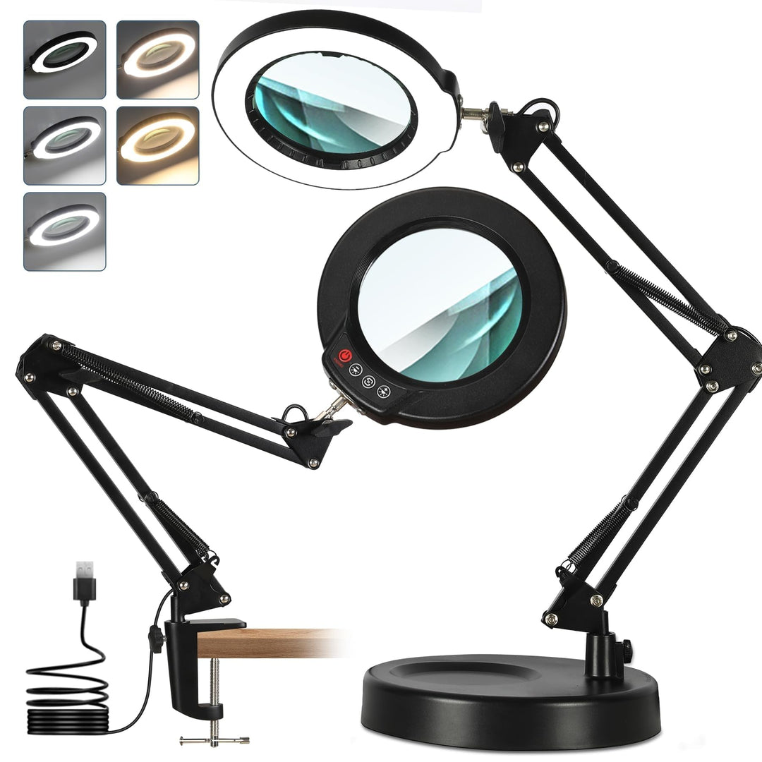 10X Lupe mit Licht und Ständer, Echter Glaslinse 2-in-1 Lupenlampe und Klemme, LED Beleuchtete Lupe