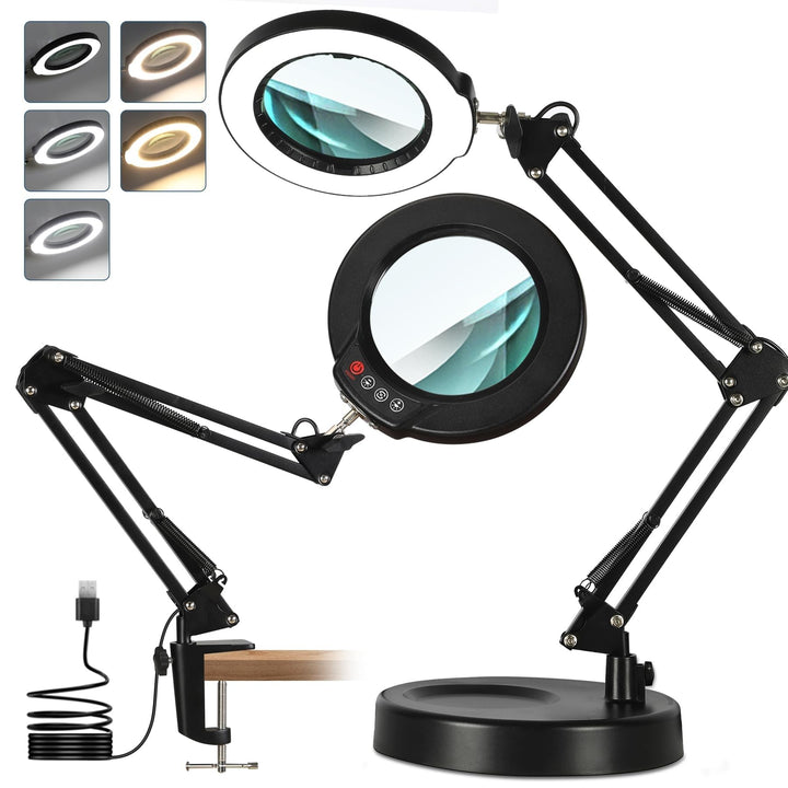 10X Lupe mit Licht und Ständer, Echter Glaslinse 2-in-1 Lupenlampe und Klemme, LED Beleuchtete Lupe