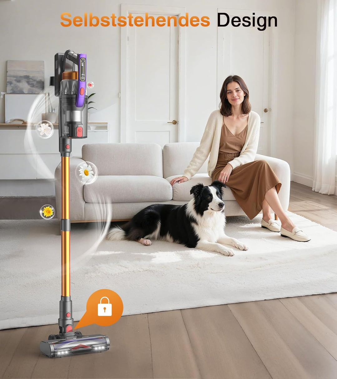 CHEBIO Akku Staubsauger 50000Pa/600W/75Min, 1.8L Staubsauger Kabellos mit Freistehender, LED Display