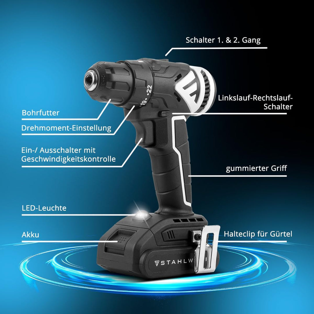 STAHLWERK Akkuschrauber 18 V Brushless (ABS-18 ST) – Akku-Bohrschrauber mit 2-Gang-Getriebe, LED-Lic