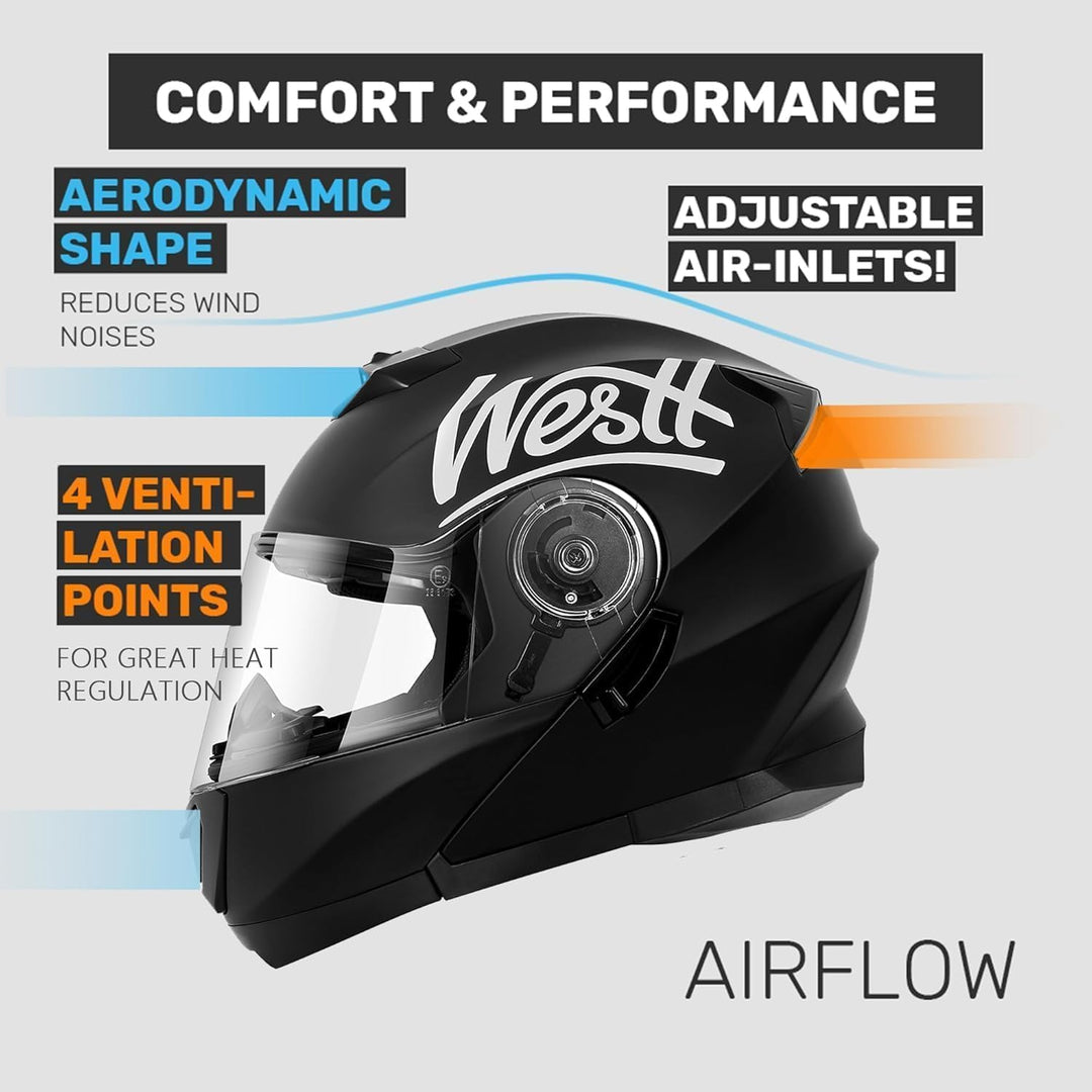 Westt Klapphelm Flip up Motorradhelm Integralhelm Herren Damen mit verstärktem Kinnschutz Chopper Mo