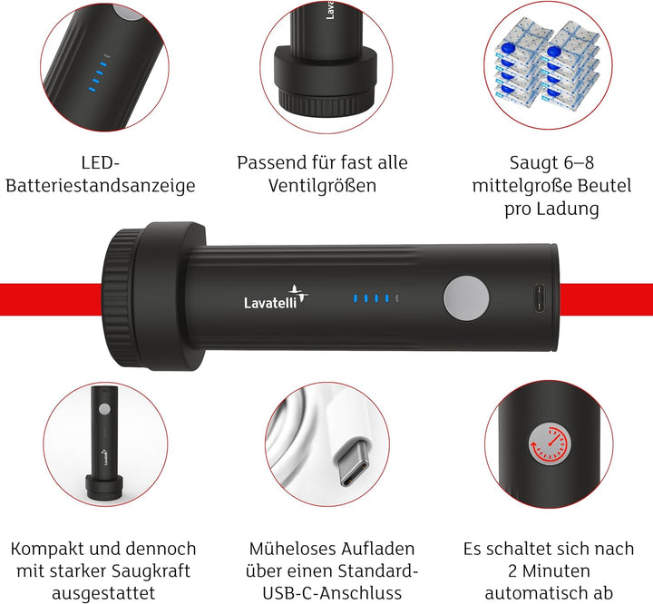 Lavatelli - VAC-U-PUMP Wireless Elektrische Vakuumpumpe für Vakuumbeutel Kleidung Reise, kompakt & s