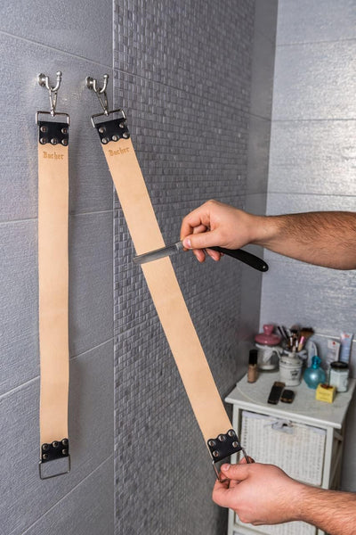 BACHER Premium Leder Streichriemen zum Schärfen von Rasiermesser Set mit Polierpaste für Abziehrieme