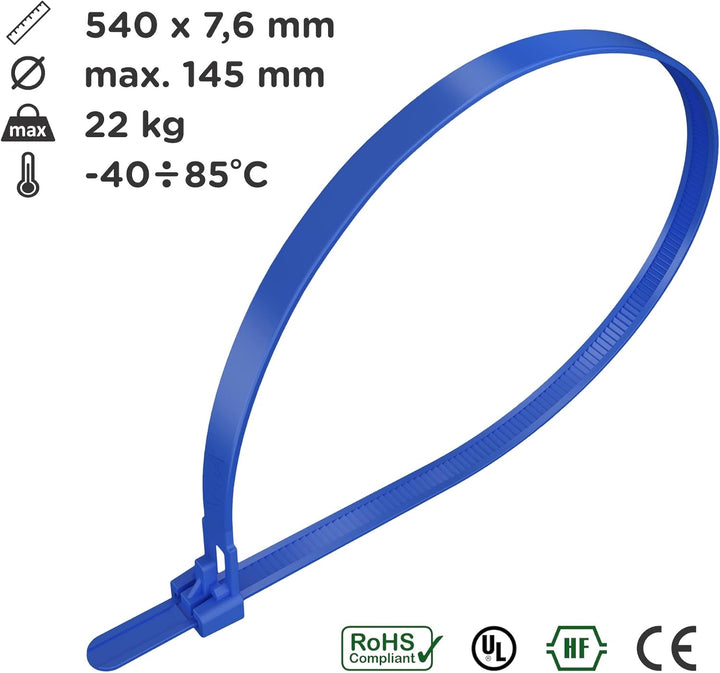 intervisio Kabelbinder Wiederverschliessbar, 540mm x 7,6mm, blau, Extra Lang, 100 Stück, Wiederlösba