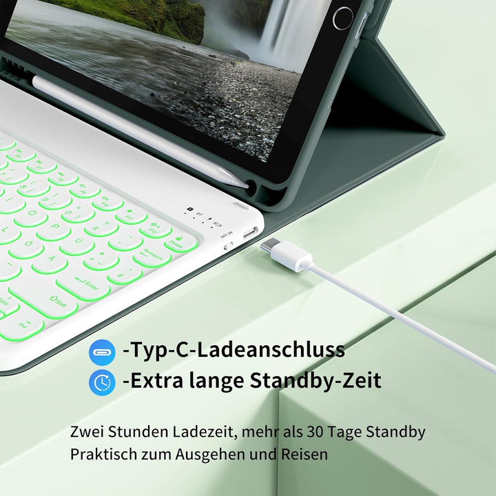 aoub Hülle mit Tastatur für iPad 9./ 8. / 7. Generation, Beleuchtete Tastatur mit Hülle für iPad 10,