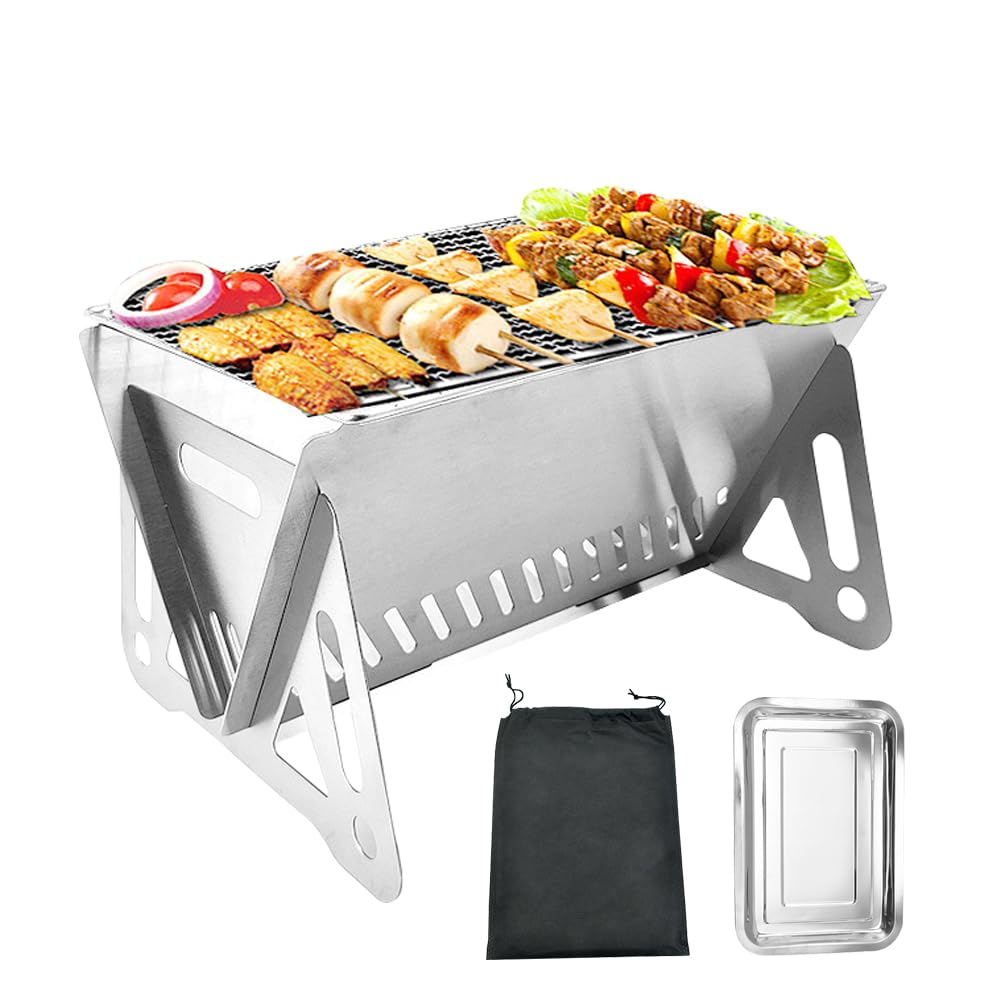 TINMIX Mini Tragbarer Holzkohlegrill Edelstahl Kleiner Klappgrill Ein-Personen-Tischgrill für Garten