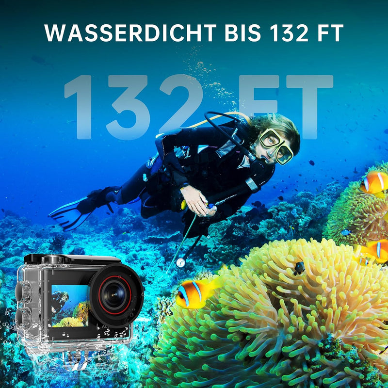 syndesmos Action Cam 4K 60FPS 30MP, 40M Unterwasserkamera, HD Unterwasserkamera Schnorcheln 2 LCD Bi