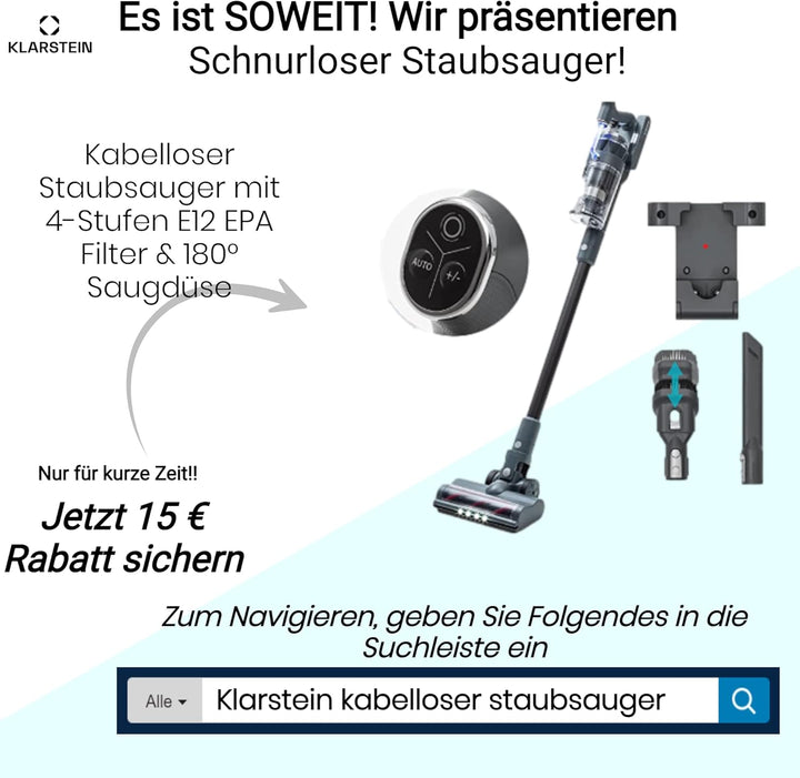 Klarstein Clean Butler 4G Silent Akku-Staubsauger mit Silent Digital Motor: 160W mit 80.000 U/min, 0