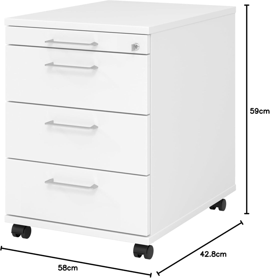 bümö Rollcontainer mit Schubladen, Container abschliessbar aus Holz in Weiss - Rollwagen für's Büro