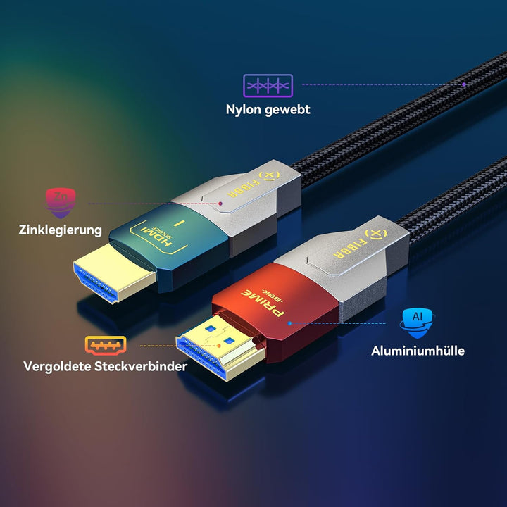 FIBBR 8K HDMI 2.1 Glasfaser Kabel 15M, 48Gbps High Speed HDMI Kabel unterstützt 8K@60Hz, 4K@120Hz/